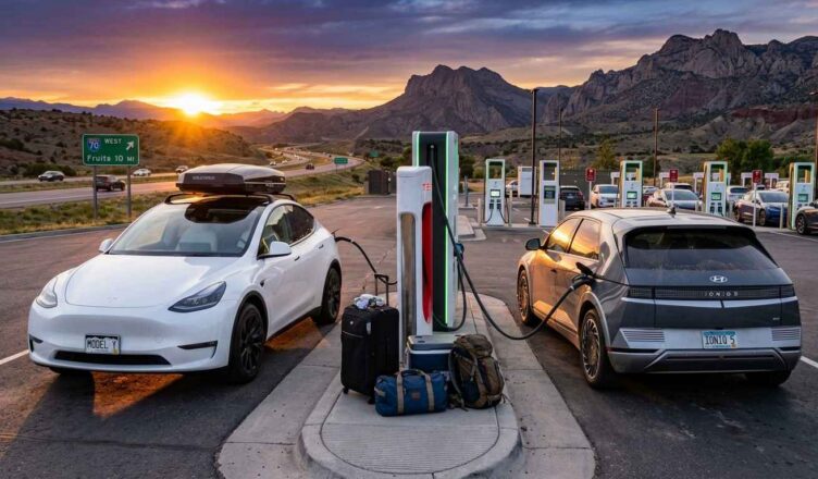 photorealistic image of a Tesla Model Y Long Range and Hyundai Ioniq 5 parked at a highway DC fast charging station in the United States at sunset