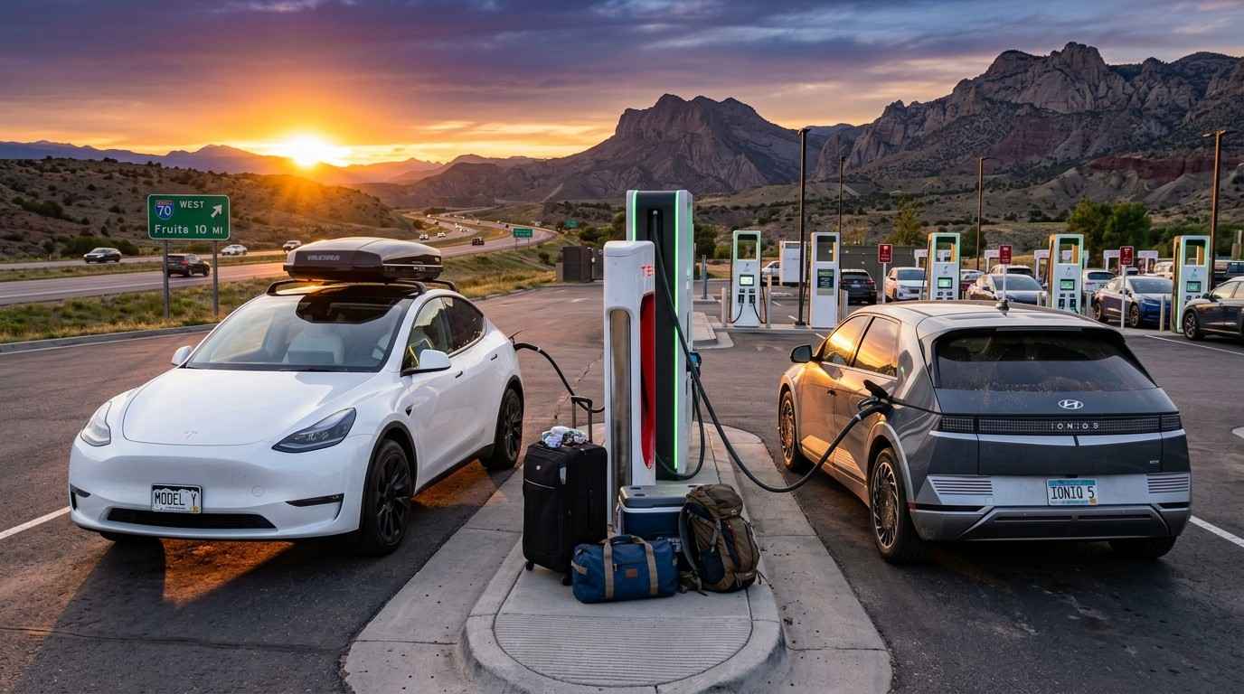 photorealistic image of a Tesla Model Y Long Range and Hyundai Ioniq 5 parked at a highway DC fast charging station in the United States at sunset