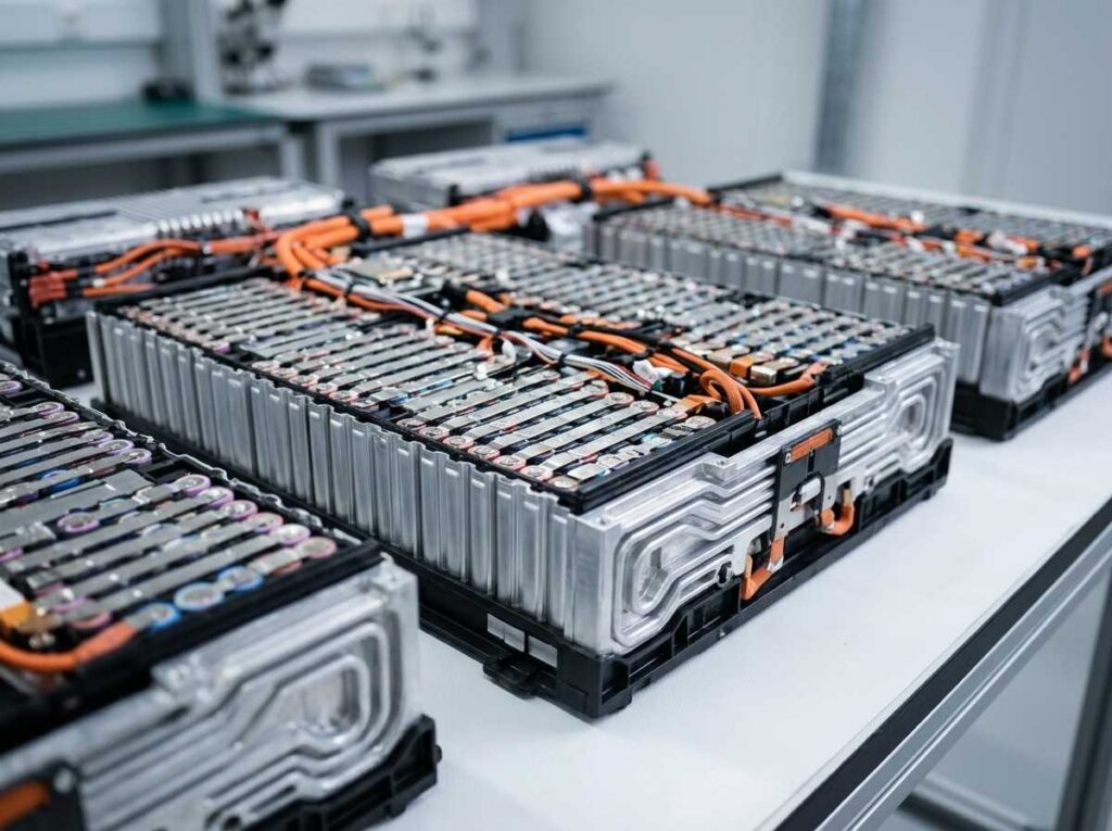 close-up of EV battery modules removed from a pack showing wiring and cell structure