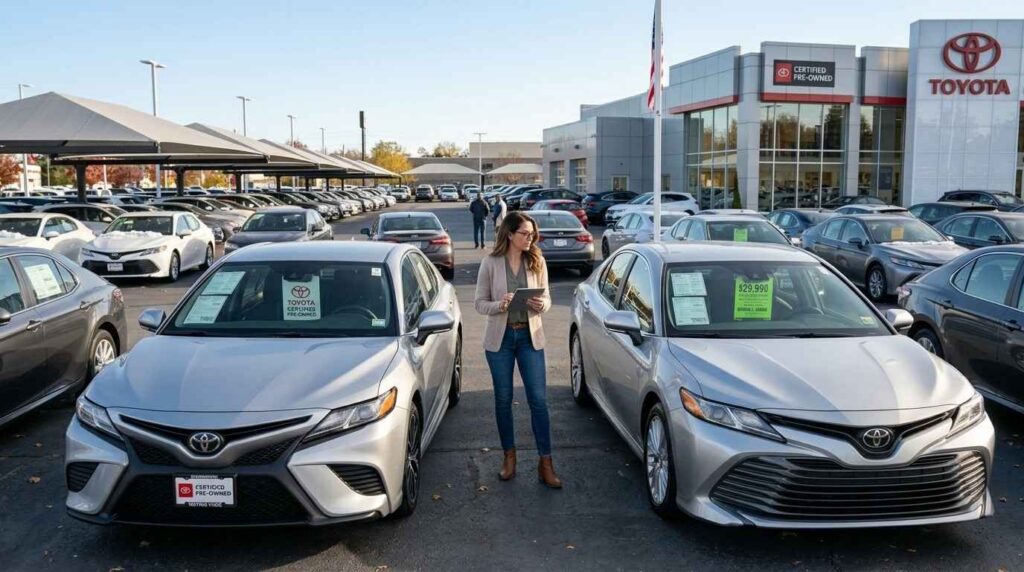 buyer comparing certified and used cars at dealership lot
