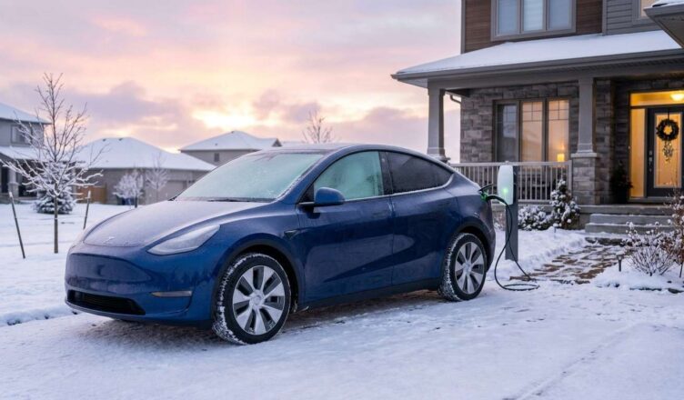 photorealistic image of a 2026 Tesla Model Y Long Range parked in a snowy suburban driveway at early morning