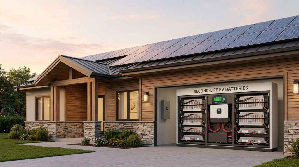 repurposed EV batteries powering a residential solar storage system in a suburban home