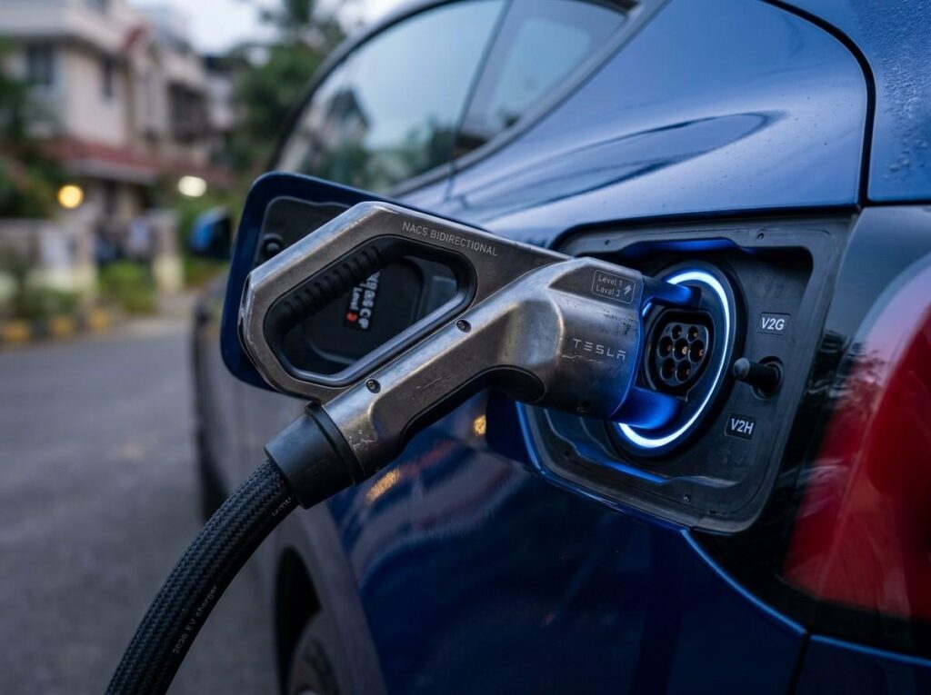 Close-up of a heavy-duty bidirectional EV charging connector showing specialized pins for power export