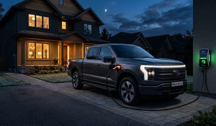 photorealistic image of a 2026 Ford F-150 Lightning parked in a suburban driveway powering a modern house during a power outage at dusk, home lights on, charging cable connected to wall unit