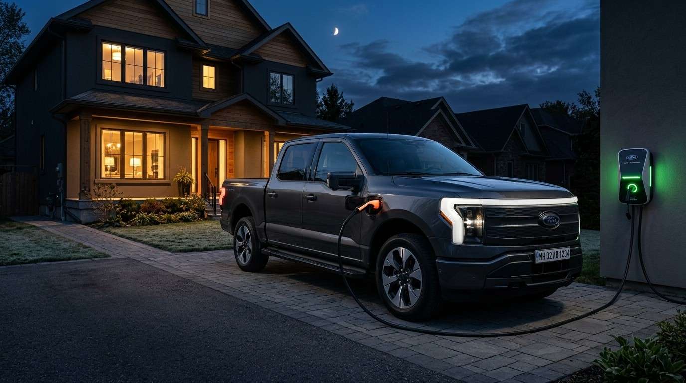 photorealistic image of a 2026 Ford F-150 Lightning parked in a suburban driveway powering a modern house during a power outage at dusk, home lights on, charging cable connected to wall unit