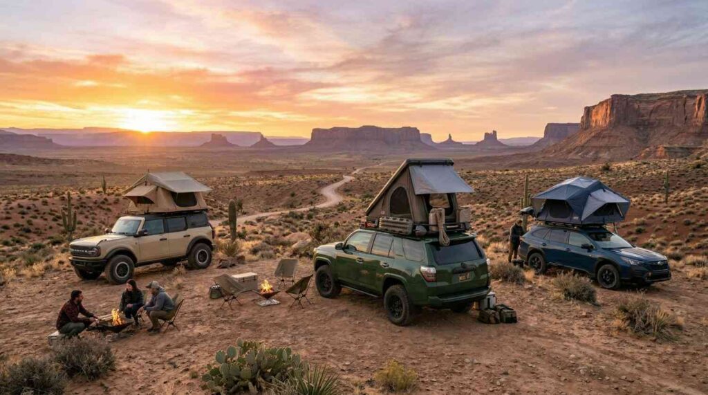 Three vehicles (Toyota 4Runner, Ford Bronco, Subaru Outback Wilderness) at a desert campsite with rooftop tents deployed at sunset.