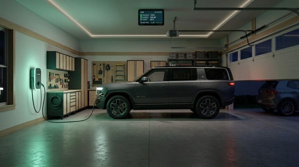 An EV parked in a suburban garage at night, charging from a smart wall box with a green status light