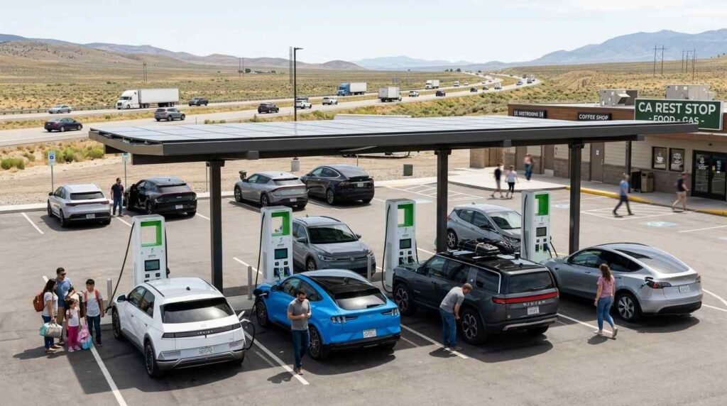 electric vehicle charging at a busy highway fast charging station during a road trip