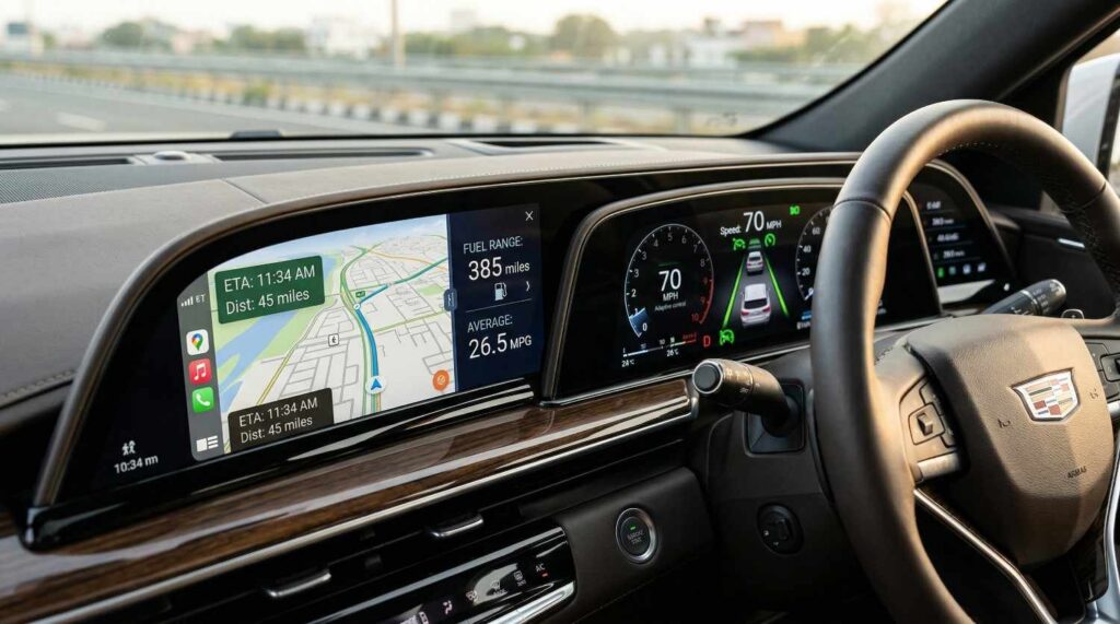 Close-up of a modern SUV dashboard showing navigation ETA, fuel range, and adaptive cruise control indicators.