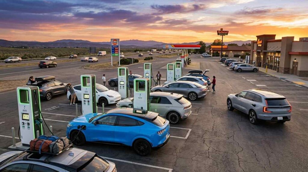 electric vehicle charging at a busy highway fast charging station during a road trip