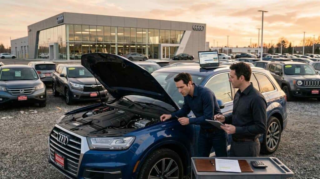customer evaluating trade-in vehicle at dealership lot