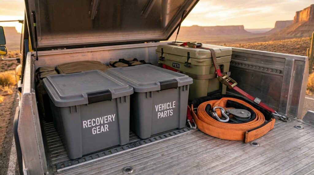 Close-up of a truck bed with labeled storage bins, a secured cooler, and recovery straps.