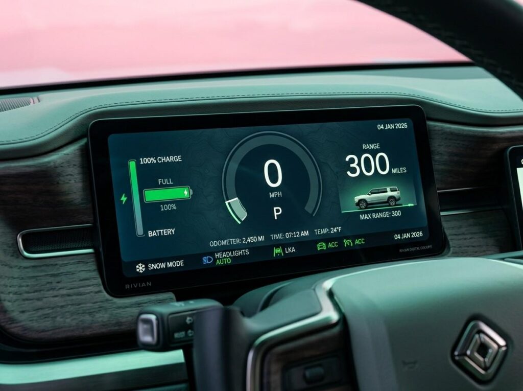 Close-up of a digital dashboard on an EV showing "Ready to Drive" with 300 miles of range and a charging icon