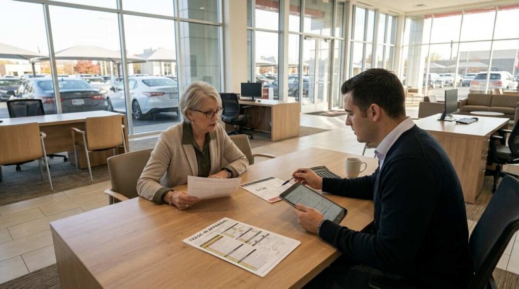 car owner negotiating trade-in value at dealership desk