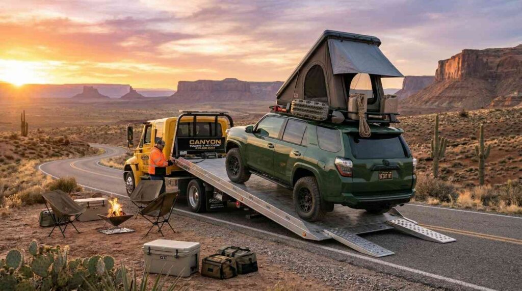 A modern SUV being loaded onto a flatbed tow truck on a scenic rural highway.