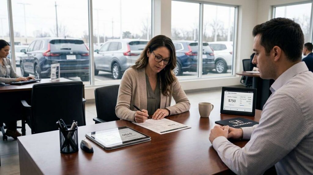 buyer reviewing paperwork at dealership finance desk