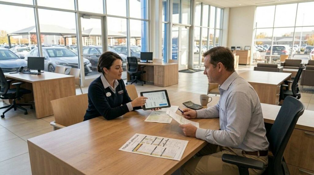 customer reviewing financing options with dealership finance manager at desk