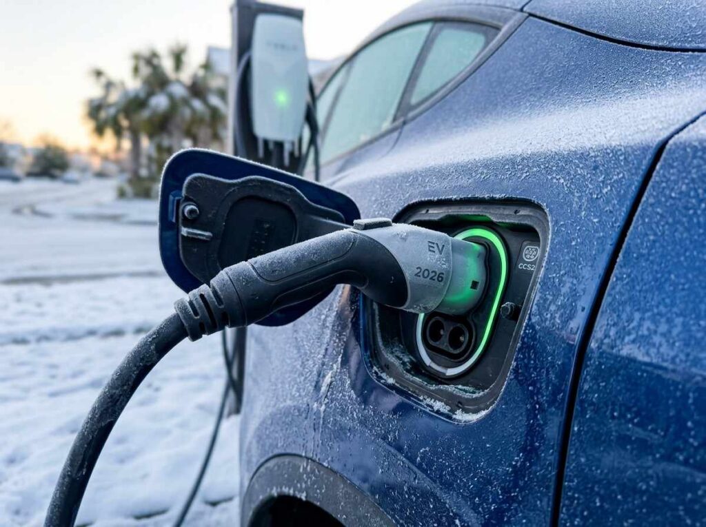 EV charging port with frost buildup and plugged-in cable in winter conditions