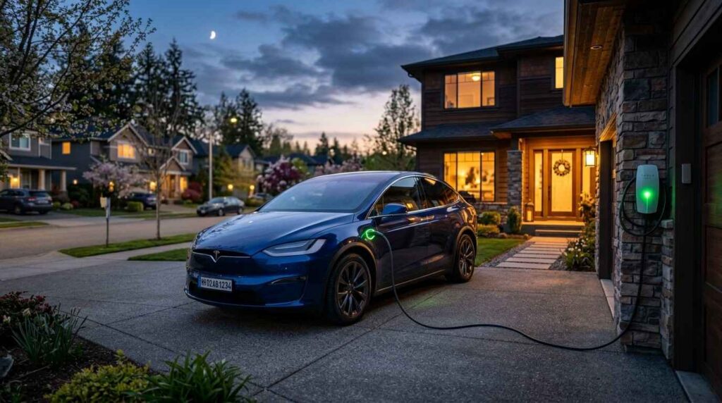 Electric SUV charging overnight in a quiet suburban driveway, wall-mounted Level 2 charger, soft porch lighting