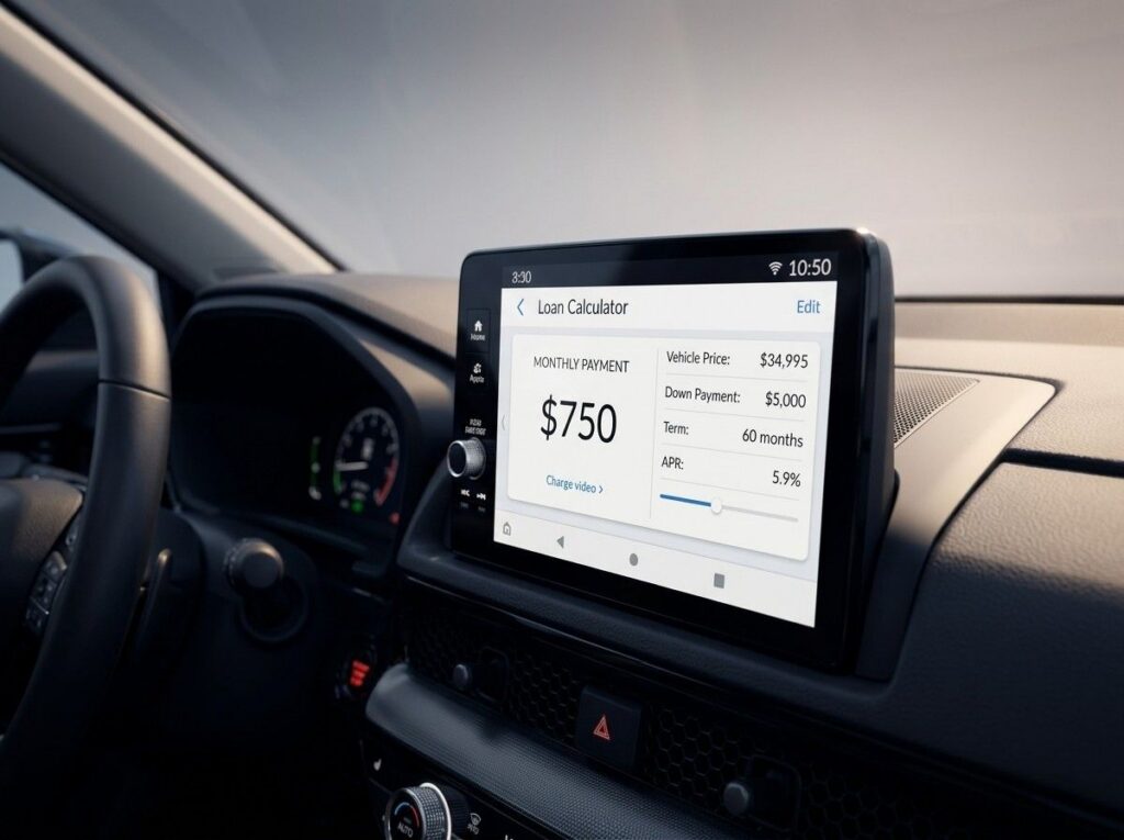 car dashboard showing monthly payment calculator on infotainment screen