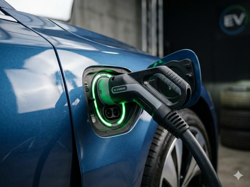 EV charging port close-up with CCS connector plugged in