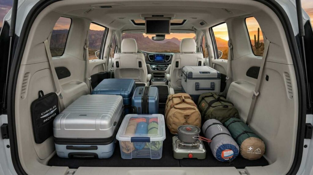 The interior of a 2026 Chrysler Pacifica with Stow ‘n Go seats folded flat to show organized road trip gear.
