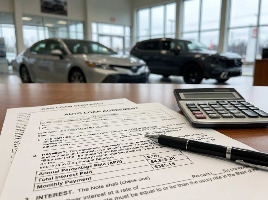 car loan contract paperwork with interest rate and monthly payment breakdown visible