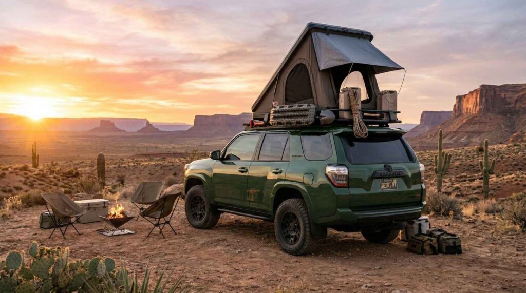A green 2026 Toyota 4Runner Trailhunter parked at a remote desert campsite at sunrise with a loaded roof rack.