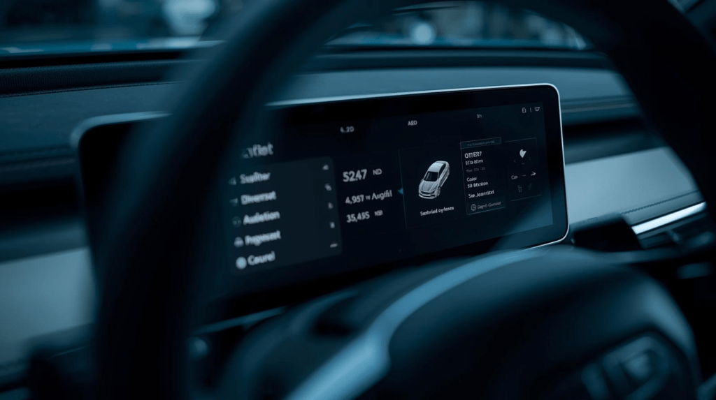 A high-tech digital dashboard of a 2026 vehicle showing clear financial data and range metrics, modern typography