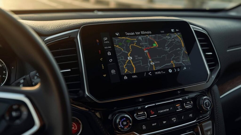 Close-up of a 2026 vehicle's digital dashboard showing a navigation route spanning multiple states