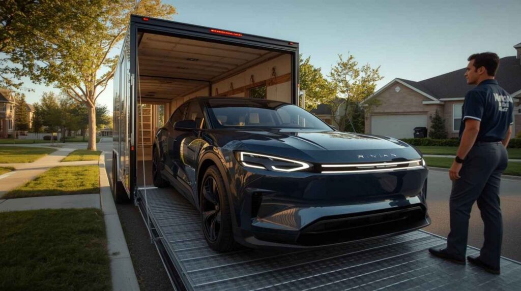 An enclosed car hauler unloading a new SUV in a suburban driveway
