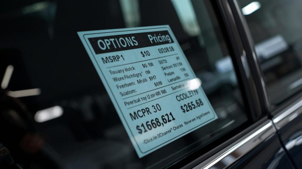 Car window sticker showing MSRP, options, and destination charge breakdown.
