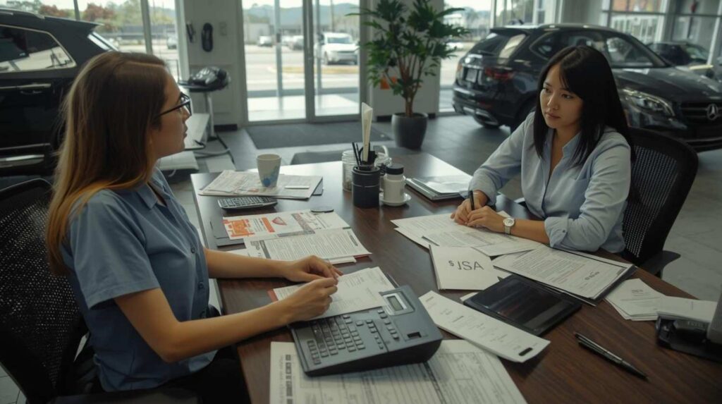 Customer negotiating car price at dealership desk with paperwork and calculator.