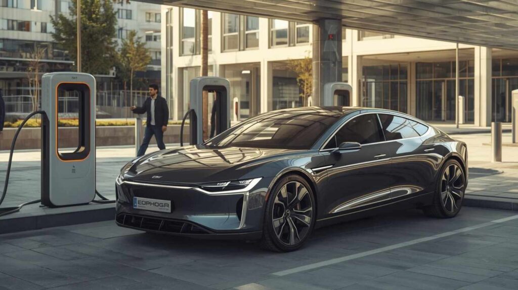 A 2026 dark blue sedan at a clean, modern DC fast charging station during the day, urban backdrop