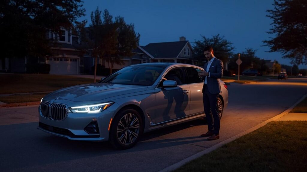 A 2026 Honda Civic parked in a driveway at dusk with the owner looking at a tablet, comparing insurance quotes.