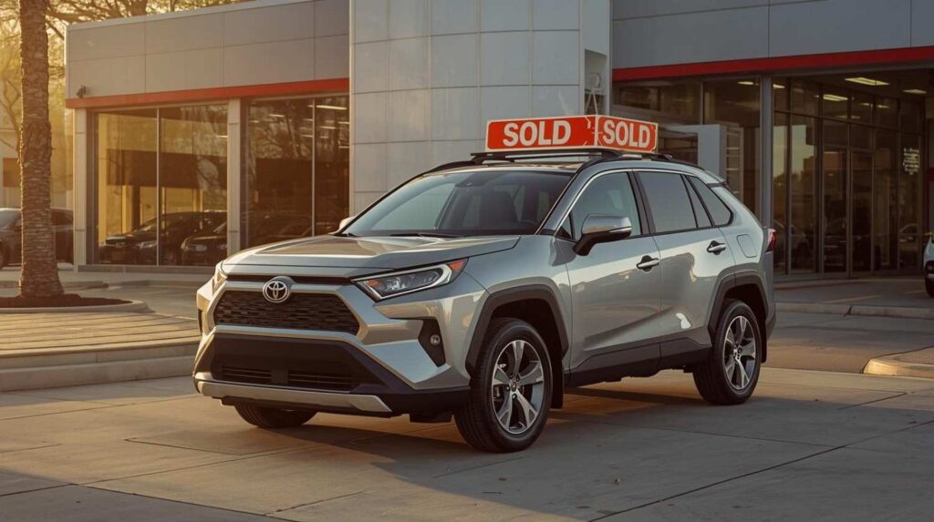 A 2026 Toyota RAV4 Hybrid in a dealership lot with a "SOLD" sign in the window
