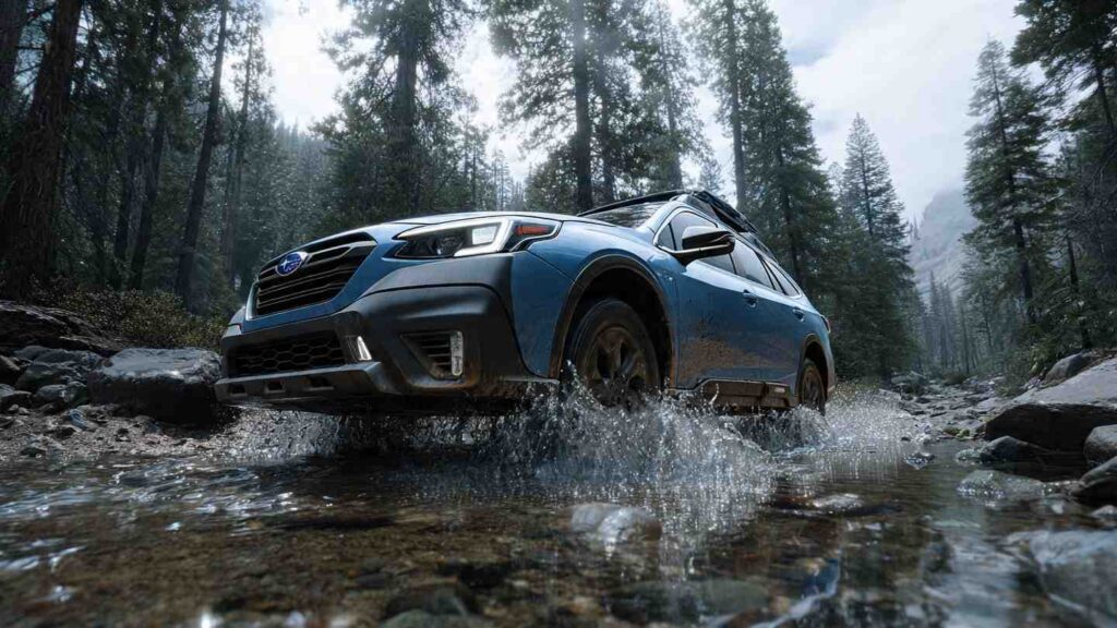 2026 Subaru Outback Wilderness crossing a shallow rocky stream on a forest trail