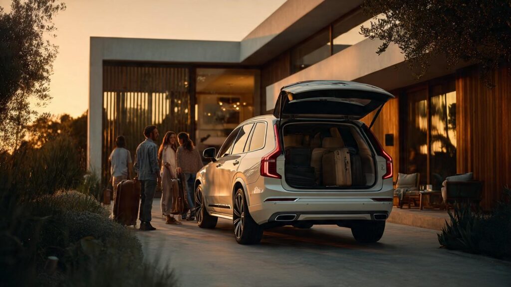 AI Image Prompt: 2026 Volvo XC90 in Crystal White Pearl parked in front of a modern Scandinavian-style home, family of four loading luggage into rear cargo area, golden hour light, suburban driveway, photorealistic, natural lighting, editorial style, wide angle, --ar 16:9
