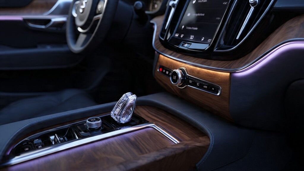 AI Image Prompt: Close-up of 2026 Volvo XC90 interior showing Bowers & Wilkins speaker grille in dashboard, crystal gear shifter on center console, open-pore wood trim, ambient lighting in soft white, photorealistic, studio automotive photography, shallow depth of field, --ar 4:3
