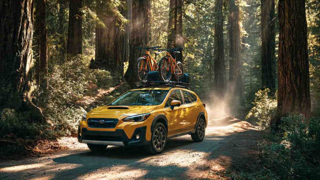 2026 Subaru Crosstrek on a gravel forest road with outdoor gear visible