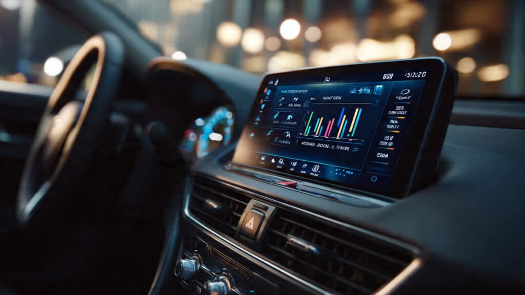 Close-up of a digital tablet showing a complex auto loan contract with highlighted interest rate and monthly payment figures
