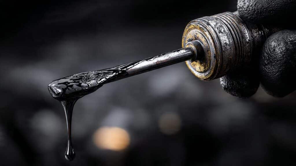 dirty engine oil on dipstick showing dark sludge buildup