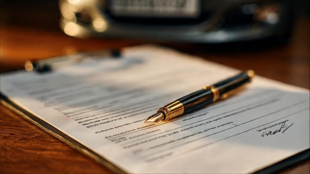 dealership finance office paperwork with itemized fees breakdown