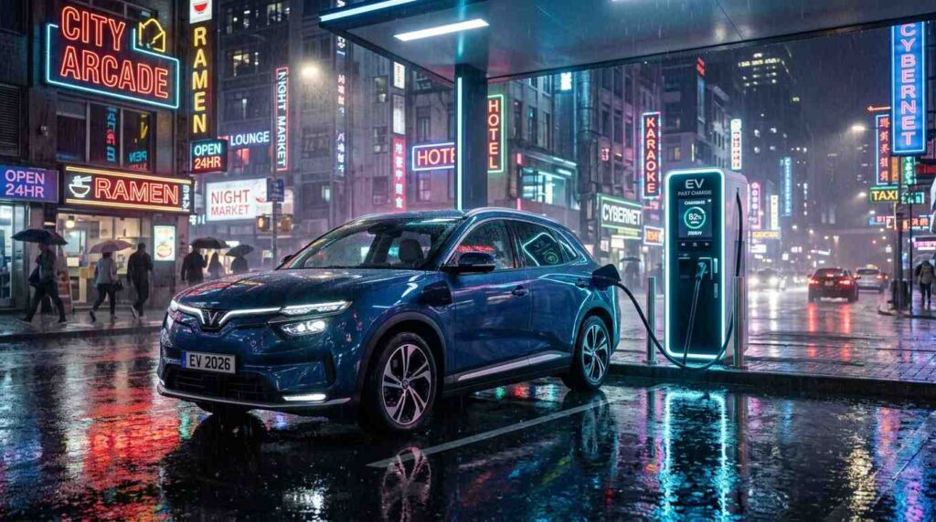 A 2026 electric SUV charging at a modern glass-and-steel station in a rainy city, reflections on wet pavement