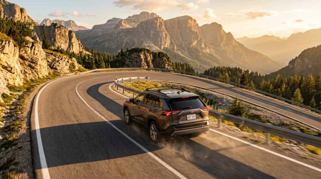 Rear view of a 2026 hybrid SUV driving toward a mountain range at golden hour