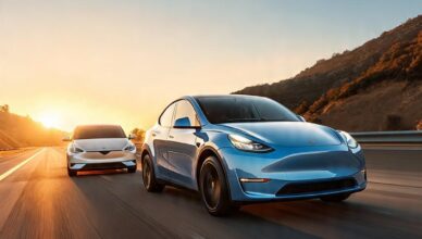 photorealistic image of a blue Tesla Model Y and white Hyundai Ioniq 5 driving on a US highway at sunset