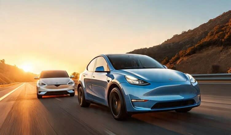 photorealistic image of a blue Tesla Model Y and white Hyundai Ioniq 5 driving on a US highway at sunset