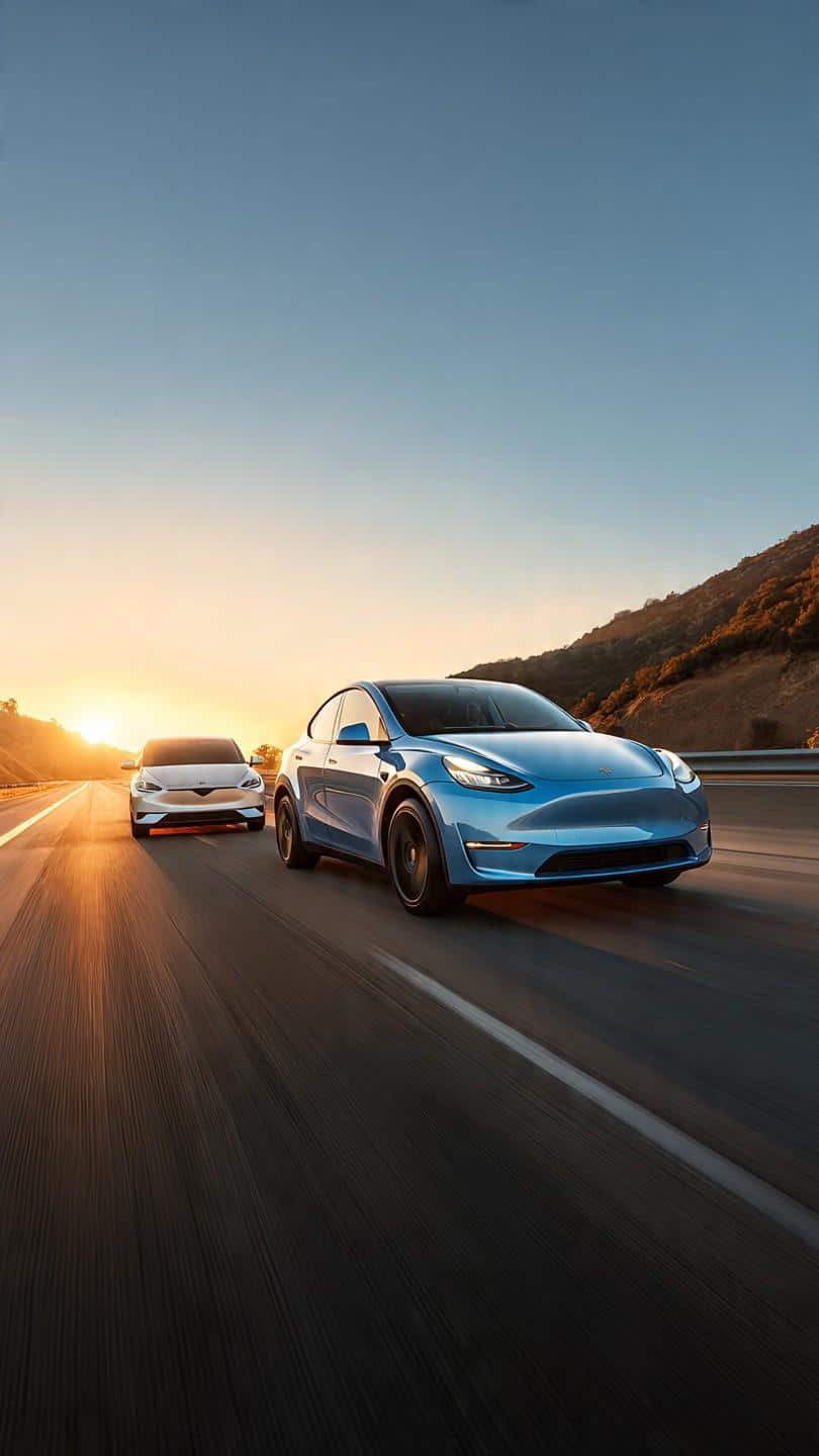 photorealistic image of a blue Tesla Model Y and white Hyundai Ioniq 5 driving on a US highway at sunset