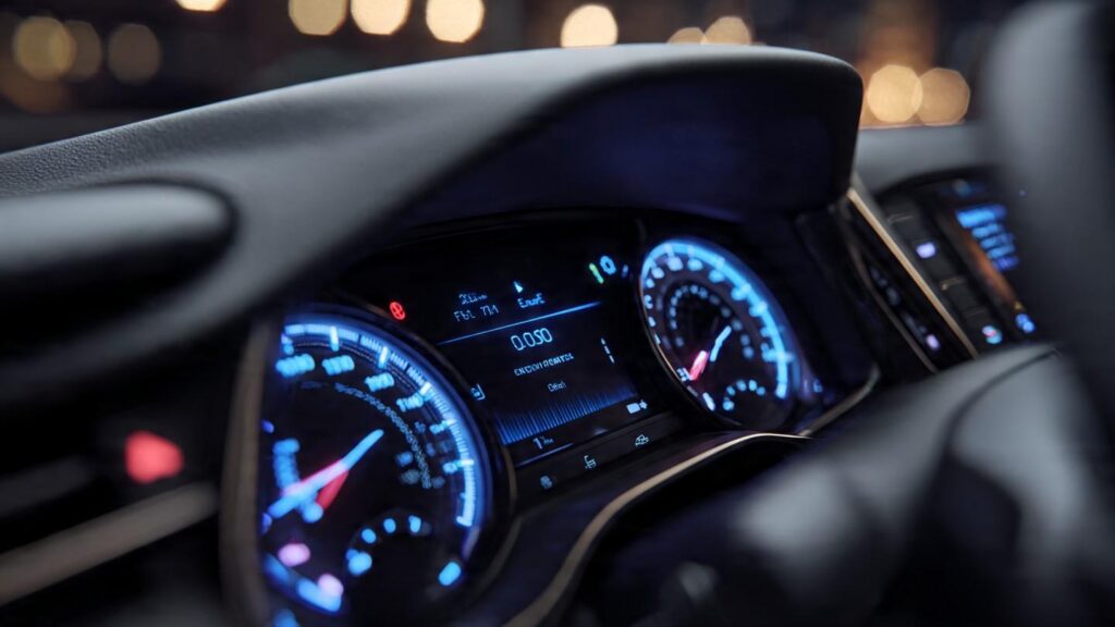 Car dashboard showing loan payment and fuel economy display.