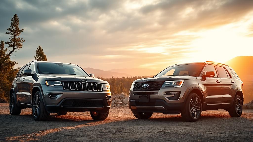 2026 Jeep Grand Cherokee in Rocky Mountain Granite and 2026 Ford Explorer in Carbonized Gray Metallic parked side by side at a mountain overlook with pine forest and dramatic sky behind them
